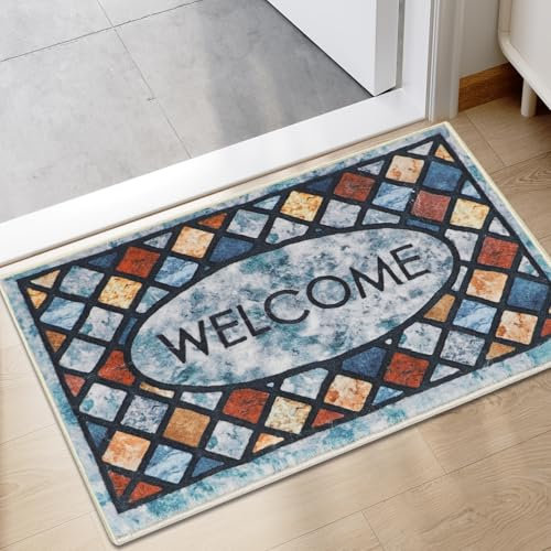Falflor Indoor Door Mats - 50x80cm Non-Slip, Low Pile, Washable Welcome Mats for Front Door, Bathroom, Staircase (Blue)