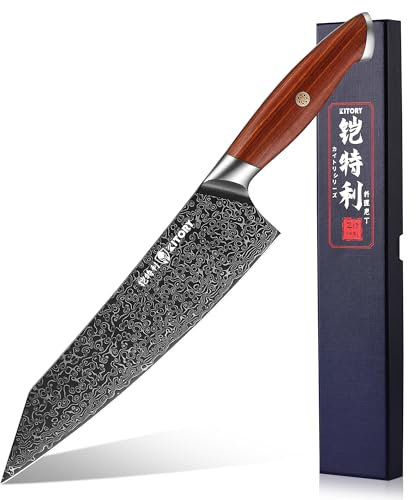 Kitory Couteau de Chef Acier Damas 21cm, 73 couches Couteau de Cuisine Japonais Professionnel Forgé à la Main en Acier 10Cr15CoMoV, Ergonomique en Bois de Santal Rouge avec Coffret Cadeau