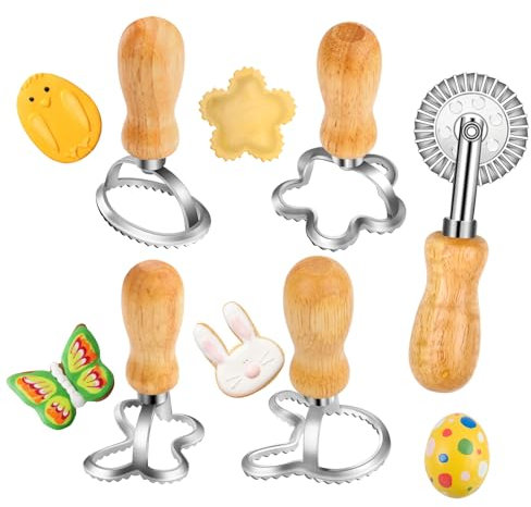 Pasta Cutter Wheel, MXTIMWAN Ravioli Ausstecher Former, Ravioli-Ausstecher im 5er-Set, Teigrädchen Gewellt, Hase Schmetterling Blume Ei-Form Ravioli-Former mit Holzgriff