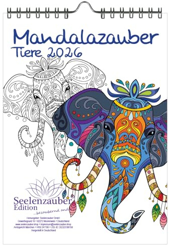 DIY Mandalazauber Animales para colorear Calendario DIN A5 para 2026 Mandala Pintar – Juego: 1 x Calendario, 1 x Colgante de Navidad 1 x Colgante de felicitación (3 piezas)