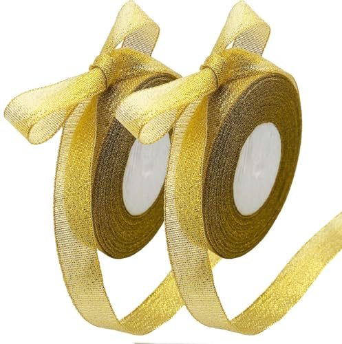 25 Yards Nastro Raso Oro, 2 Pezzi Nastro Dorato Stoffa Raso Per Pacchi Regalo, Per Confezioni Regalo, Feste, Decorazioni Per Matrimoni, Palloncini, Cucito e Decorazioni Floreali Fai Da Te (1 cm)