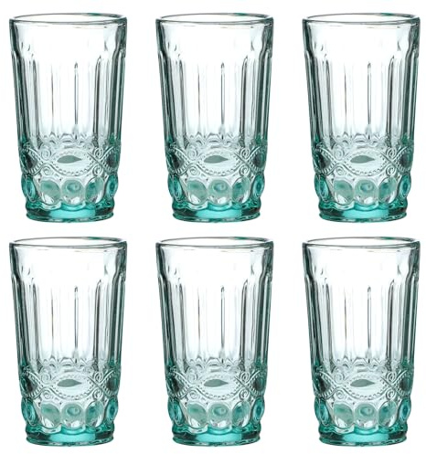Vintage-set med 6 färgade vinglas och dricksglas med prägling relief (rosett, turkos, dricksglas) vinglas, vattenglas, longdrinkglas, cocktailglas, glasskelett