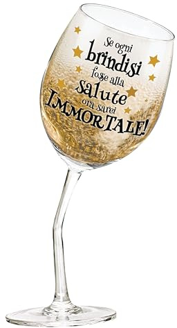 Bombo Bicchiere da Vino Divertente – “Se ogni brindisi fosse alla salute ora sarei immortale!!” – Calice Inclinato con Gambo Piegato – Regalo Originale e Ironico per Amanti del Vino