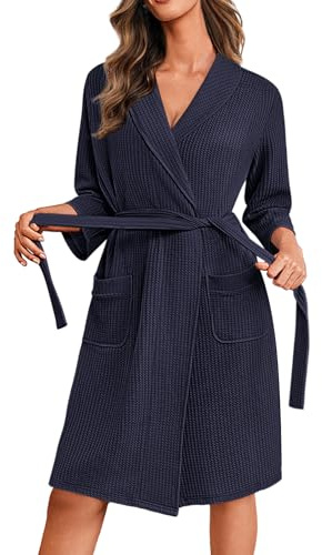 Ekouaer Peignoir de Bain Femme Court Gaufré Robe de Chambre avec Poches Doux et Léger Kimono Peignoirs | Robe de chambre en tricot avec poches, kimono élégant et respirant, longueur genou