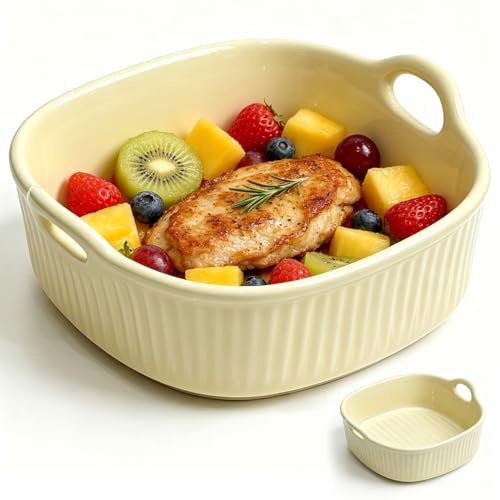 Rund keramisk ugnsform för varmluftsfritös 18,5 × 17 × 6 cm, 650 ml färgglad glaserad ugns- och lasagneform för ugn, mikrovågsugn, rund bakform, keramik med handtag för Lasagne grytor Tiramisu