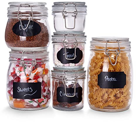 Oak & Steel - 6 Einmachgläser mit Gummiring & Bügelverschluss, Etiketten & Stift - Vorratsgläser, Aufbewahrungsgläser mit Deckel (6 Größen) - Luftdicht & Robust