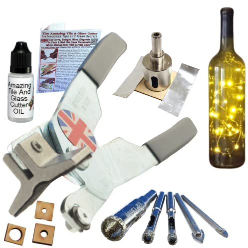 Tagliavetro per vetro colorato con pinze da corsa per bottiglie di vino + guide per la produzione di lampade per bottiglie di vetro + sega a tazza diamantata + guida per fori in blocchi di vetro e