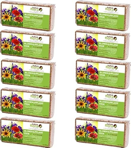 KOKOSFLORA 90L Kokoserde Ziegel 10 x 650g - Natürlich &Torffrei kokosfasern für Pflanzen Ideal für Innen und Außen - Topfpflanzen, Zimmerpflanzen, Balkonkästen, Gartenbeete.