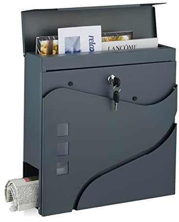 Relaxdays Boîte aux Lettres Porte-journaux, Vitres de Visualisation, HxLxP : 37x37x11 cm, Acier, 2 Clés, Anthracite