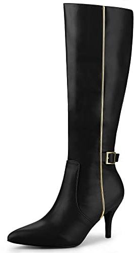 Allegra K Women's Pointy Toe Buckle Stiletto Heel Black Knee High Boots 9 M US