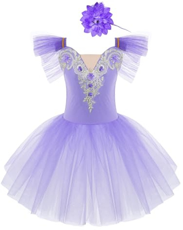 Freebily Vestito Tutu da Balletto per Ballo Bambina Ragazza Vestito da Danza Classica Ballerina Body da Pattinaggio Artistico + Copricapo Abito da Ballo Latino Ginnastica Viola 5-6 Anni