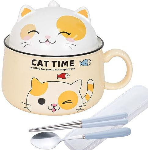 KYSUN Cuenco Ramen con Tapa, 1020 ML, Cerámica, Amarillo, Cute, Tazón de Fideos Instantáneos