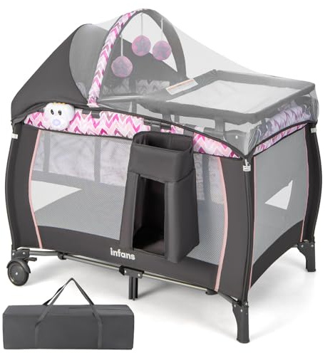 INFANS 4 in 1 Pack and Play, Portable Travel Baby Playard with Bassinet, Changing Table, Canopy, Mosquito Net, Hanging Toys, Music Box, Storage Bag, Large Playpen from Newborn to Toddlers (Pink)