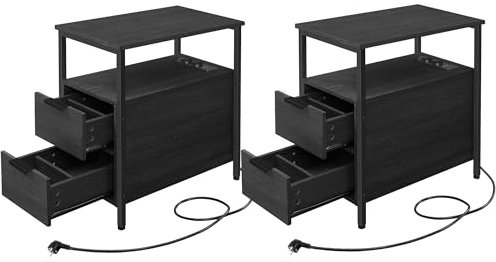 VASAGLE Beistelltisch, 2er Set, Nachttisch mit Steckdosenleiste, 2 Schubladen, Sofatisch, Nachtschrank für Wohnzimmer, Schlafzimmer, anthrazitgrau-klassikschwarz LCT648B22