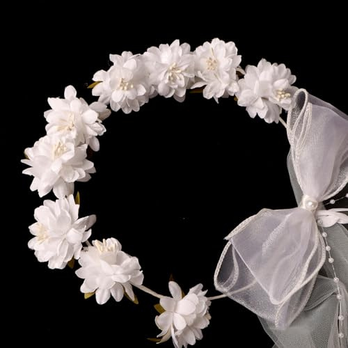 Girls Bridal Bow Veil White Floral Wreath Bow Veils Flower Wedding Veils for Kids Chucky Costume First Communion Bachelorette Halloween Night Party Hair Decorations