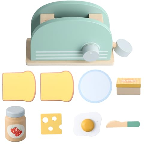 Litinliv 9 Pcs Accessoires Cuisine Enfant, Grille Pain Jouet, Jeu de Cuisine en Bois, Jeu d'Imitation Cuisine avec Pain, Beurre, Oeuf au Plat et Confiture, pour Enfant à Partir de 3 Ans
