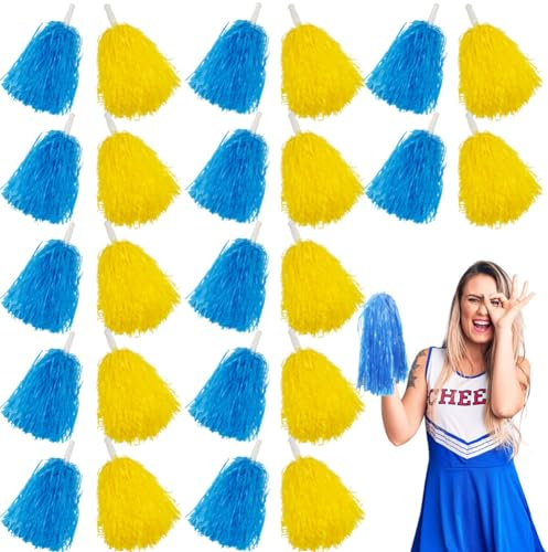 Lovecheer 24PCS Blue and Yellow Pom Poms Cheerleading with Handle | Matte Plastic, No Fading, Fluffy and Lightweigh, Easy to Hold, for Sports Team, Cheerleader Dance, Festival Party Cheering