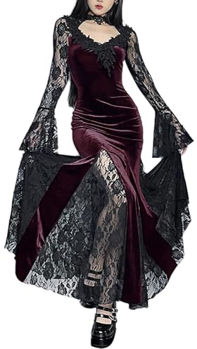 XKBHYD Women Gothic Fairy Maxi Dress Vintage Long Sleeve Velvet Dresses Alt Slim Fit Long Dress Harajuku Witchy Dress