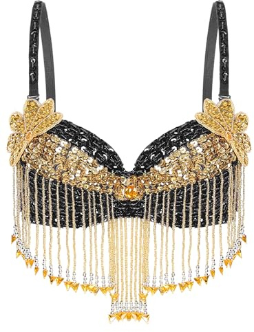 Miutii Women's Sequin Beaded Belly Dance Tops Halter Bra Top Tassels Bustier Underwired for Dancing Carnival Party Black One Size