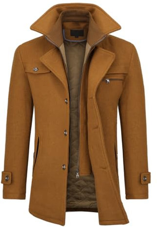 Allthemen herr vinterrock ull kort rock ståkrage ullrock medellång kappa vinter vinterjacka business peacoat slim fit casual, Khaki (vadderat innerfoder), M
