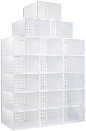 NEWSONA Scatole portaoggetti per scarpe, confezione da 18 pezzi, trasparenti, impilabili con ante anteriori, grande capacità fino a 44, contenitore multiuso per casa e guardaroba