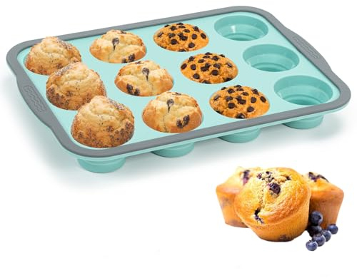 Yikki Silicone Muffin Trays with Metal Frame, 12 Cup Regular Size Silicone Muffin Cupcakes Tin, Non Stick Yorkshire Pudding Tray, Baking Mold Cupcake Tray for Mince Pie 31x22x3.6cm