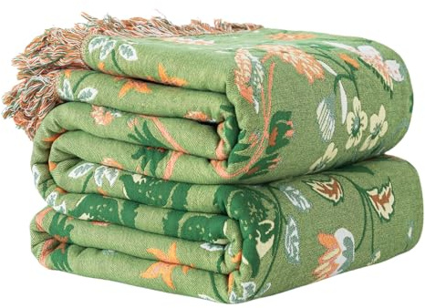 Edcooy Boho Cotton Larger Sofa Throw Blanket – 100 % Pure Cotton Double‑Sided Reversible Bohemian Bedspread & Sofa Cover (Green World, 150X200CM)