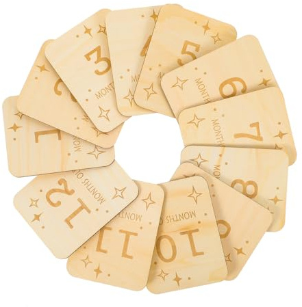 HOMSFOU 12pcs Wooden Slices Baby Milestone Cards Infant Monthly Growth Photo Props Beech Wood Rounded Edge for Newborn Photography and Birthday Keepsake