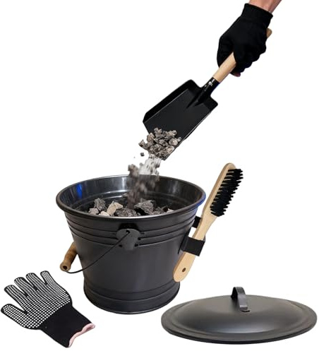 Askhink – träkolsbehållare, metallbehållare med, borste och handskar för rengöring, tillbehör till eld, praktisk behållare med robust design, askhink för vedspis och utomhusbruk