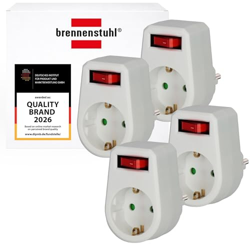 Brennenstuhl 4-pack uttagsadapter / jordad kontakt med strömbrytare (mellanadapter med ökat beröringsskydd) vit
