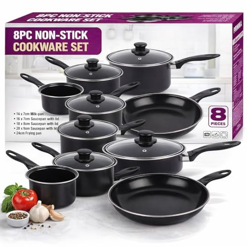 8 Piece Non Stick Cookware Set – Carbon Steel Pots & Pans Set with Lids – Saucepan Set, Frying Pan, Milk Pan – Induction, Gas & Electric Hob Compatible – Black Kitchen Cooking Set