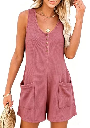 Vossmi Tuta Donna Elegante Senza Maniche Tute da Spiaggia Scollo a V Casual Tutine Larga Pantaloncini Salopette Corta Jumpsuit con Tasche Tutina Estate Rosa,L