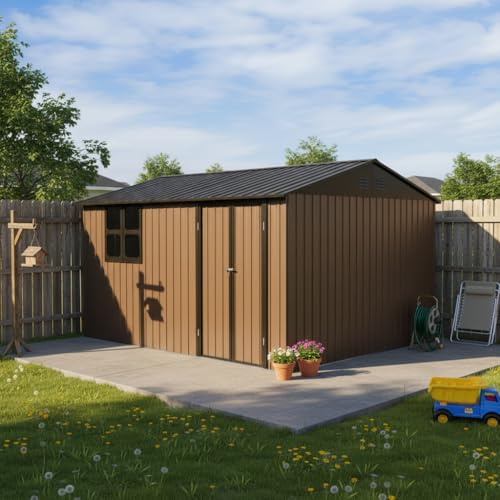 Capanno da giardino in metallo, 362 x 285,5 cm, resistente alle intemperie, con finestra, porta richiudibile e tetto a sella, 10,34 m², per giardino, terrazza e cortile, marrone/nero (grigio)