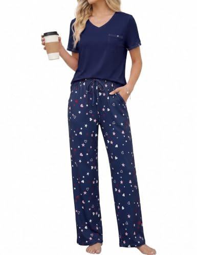 Ocextami Ensemble Pyjama Femme Manche Courte et Pantalon Vêtement de Nuit | Pyjama 2 pièces doux, haut col V à poche et pantalon fluide à cordon. Idéal pour nuit, détente et homewear au quotidien.