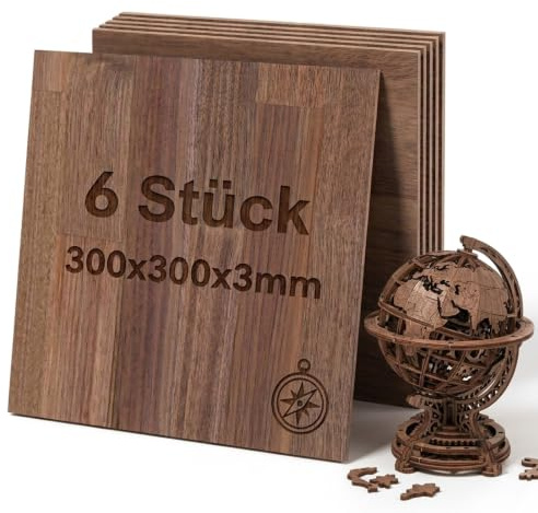 Creatorally Láminas de madera contrachapada de nogal negro, 30 x 30 cm, 6 unidades de 3 mm para grabado láser, corte por láser, CNC, proyectos de manualidades y decoración de madera
