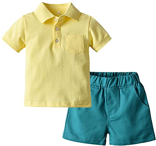 amropi Neonato Bambino Maniche Corte Completini Sportivi Estate Camicie con Pantaloncini Set (Giallo Blu, 5 Anni)