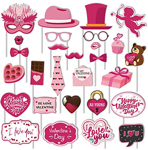 Valentines Day Photo Booth Props Kit, 28PCS Photography Props, Funny DIY Picture Selfie Accessories for Valentine’s Day Wedding Party Suppliers Favor Birthday Shower Decoration Decor