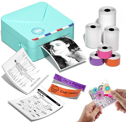 Phomemo M02S Mini Drucker, 300 DPI Thermodrucker mit 6 Etikettenrollen, Taschendrucker Sticker Drucker, Kompatibel mit 15, 25, 53 mm Papier, ideal für Studium, Scrapbooking, Fotos, Geschenke (Grün)