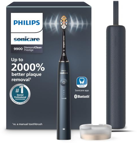 Philips Sonicare DiamondClean 9900 Prestige Electric Toothbrush - with SenseIQ Technology and Advanced AI App, 5 Brushing Modes, 3 Intensity Levels, Charging Travel Case,Midnight Blue, Model HX9990/12