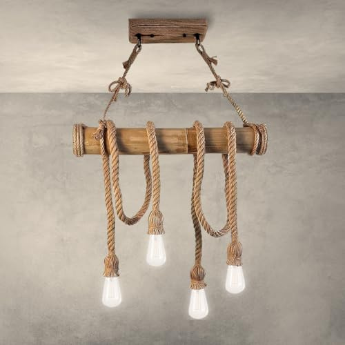 MAKA Lampadario Vintage Retro, Corda di Bambù Naturale, 4x40W Teste E27, Stile Industriale e Rustico - Illuminazione Sospesa Regolabile, Design Unico per Salotto, Camera da Letto, Bar e Ristorante