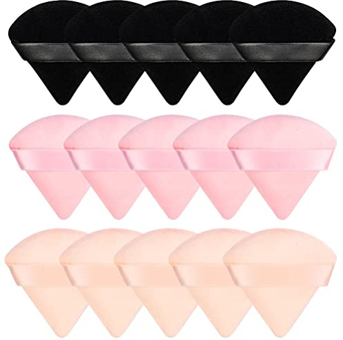 Pimoys 15 Pieces Powder Puff Face Soft Triangle Makeup Velour Puff, Beauty Sponge for Loose Powder and Cosmetic Foundation, Blender Makeup Tool (Black, Pink, Flesh)