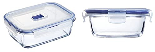 Luminarc 9207677 Pure Box Active - Recipiente Hermético Rectangular, Vidrio, Transparente y Azul, 1.22 L & Pure Box Active - Recipiente hermético de vidrio, redondo, tamaño 0,42 litros