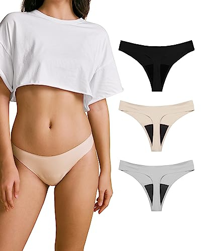 SHARICCA Culotte Menstruelle Absorbant Tanga Menstruelle sous VêTement Lavable RéUtilisable String Menstruelle Sportifs pour Filles RèGles (Noir Beige Gris, S)