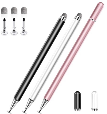 Stylus Pens for Touch Screens, 2 in 1 High Precision Universal Stylus Pen for iPad Compatible with Apple, iPhone, iPad, Android, Microsoft Tablets, Phones, 3 Pack-Black,Gold,White