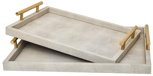 Modern Decorative Tray Set of 2 Ivory Shagreen Leather and Wood Serving Tray with Gold Polished Metal Handles for Ottoman, Coffee Table, Bathroom and More