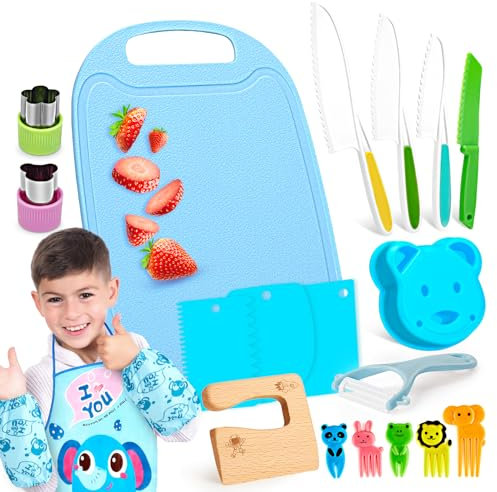 FANTICDE - Kindermesser-Set 26-teilig Kinderkochset Echtes kleinkindsicheres Messerset mit kleinkindsicheren Kunststoffmessern, Nudelschneider-Schaber, Obstgabel, Schneidebrett
