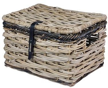 Basil Dijon L rotting cykelkorg, lyxig förvaringskorg med lock för framhjulshållare, grå/svart, handflätad, 28 l volym, perfekt för inköp, picknick, miljövänlig och snygg