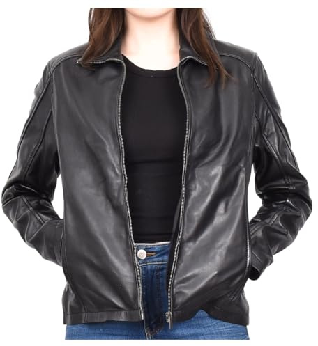Divergent Retail Chaqueta de motociclista de piel de cordero prémium para mujer, cierre de cremallera, abrigo clásico, color negro Itziar, Negro, 40