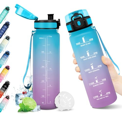 Trinkflasche Sport 500ml, Trinkflasche mit Zeitmarkierung, Wasserflasche mit Filter, Auslaufsicher, Wasserflasche Kohlensäure Geeignet, BPA-frei, Sportflasche für Fitness, Gym, Fahrrad, Yoga, Büro