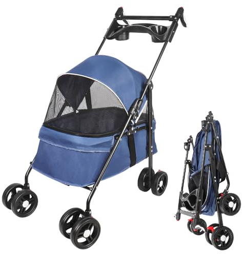 Poussette de voyage pliable pour chiens et chats, poussette de jogging pour chat avec roues, porte-gobelet, auvent réglable, grand panier de rangement et maille visible